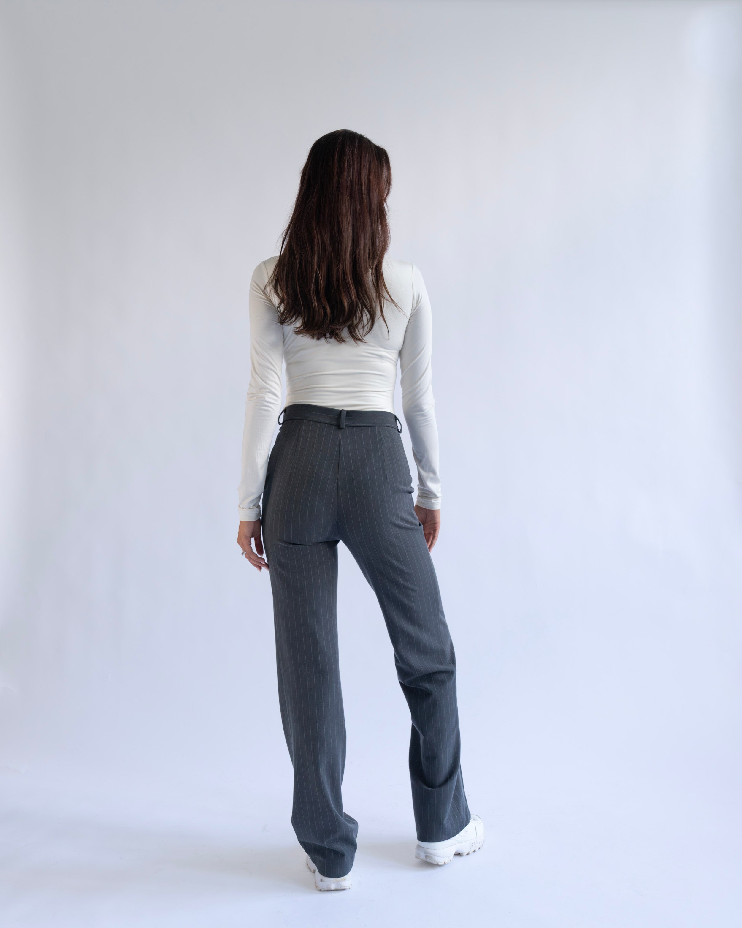 GREY PINSTRIPE WIDE LEG TROUSERS