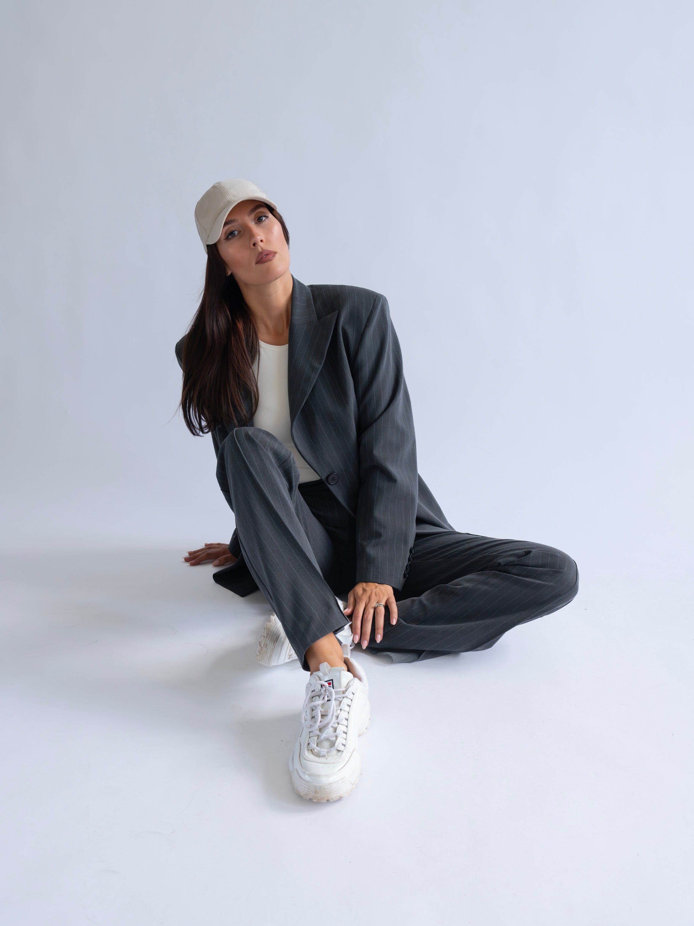 GREY PINSTRIPE WIDE LEG TROUSERS