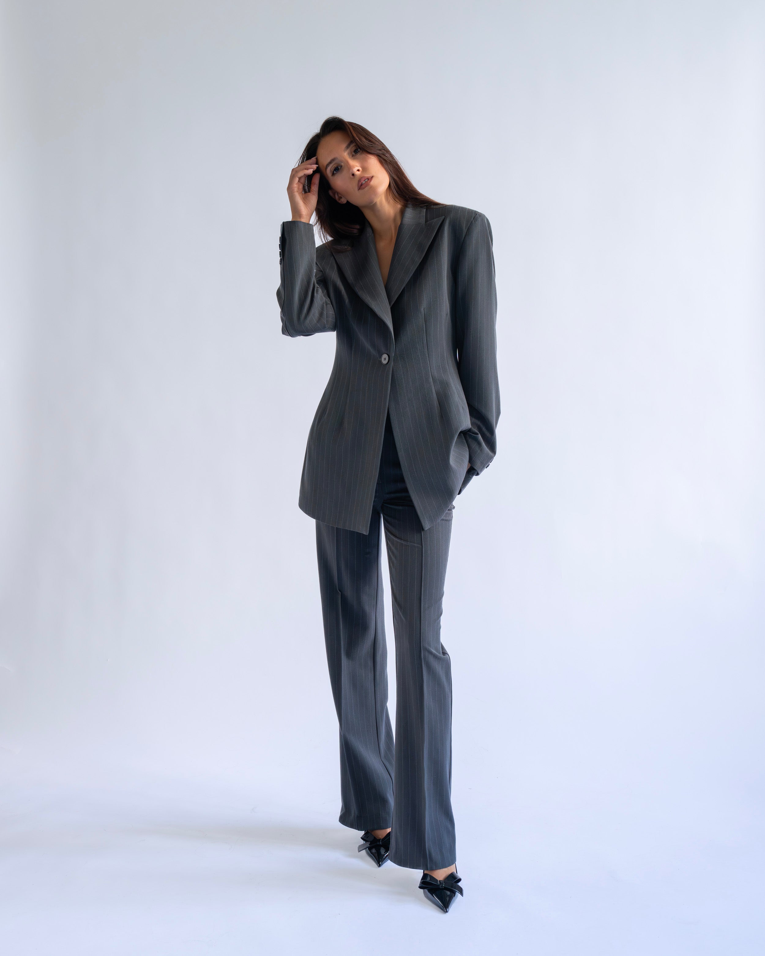 GREY PINSTRIPE WIDE LEG TROUSERS
