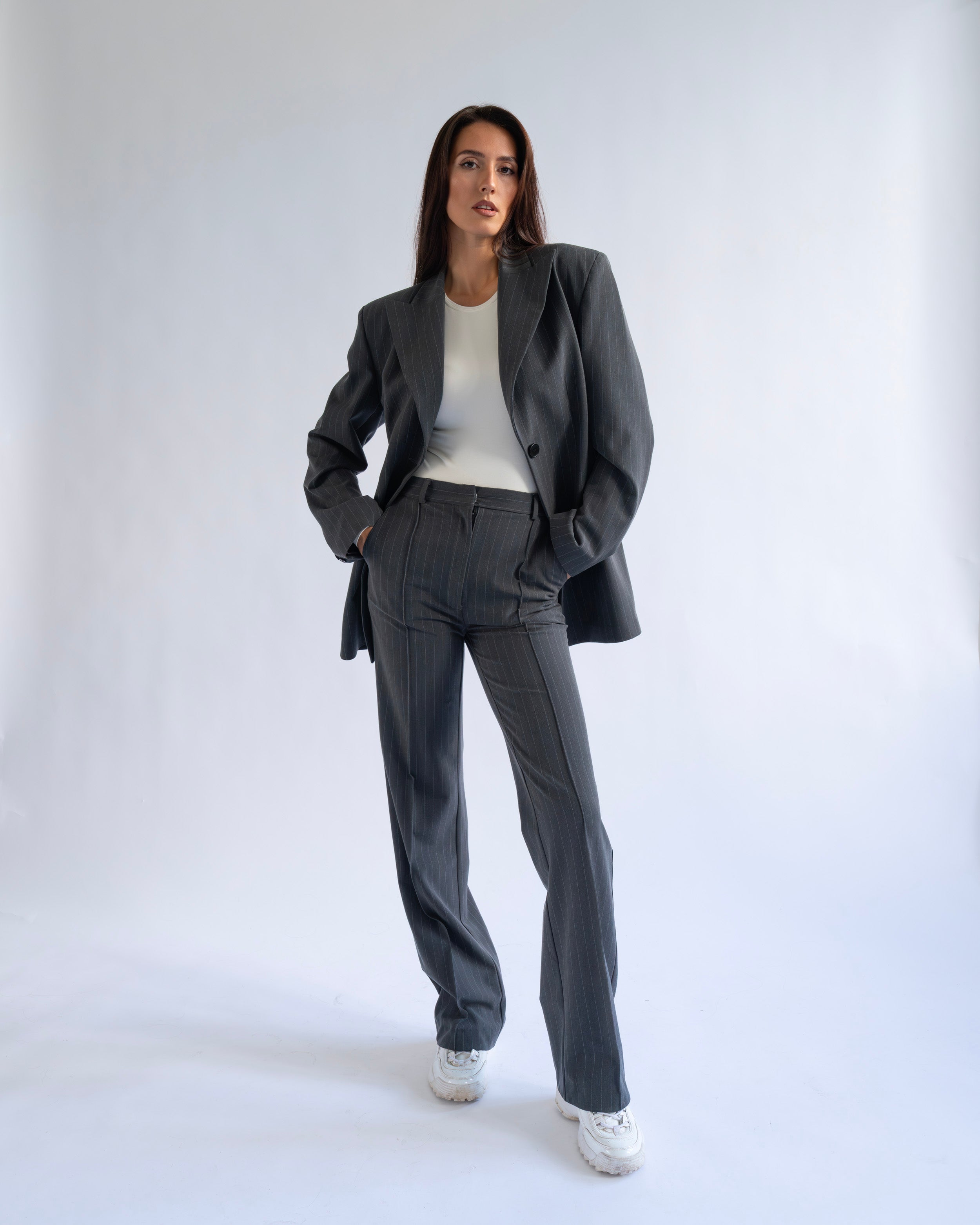 GREY PINSTRIPE WIDE LEG TROUSERS