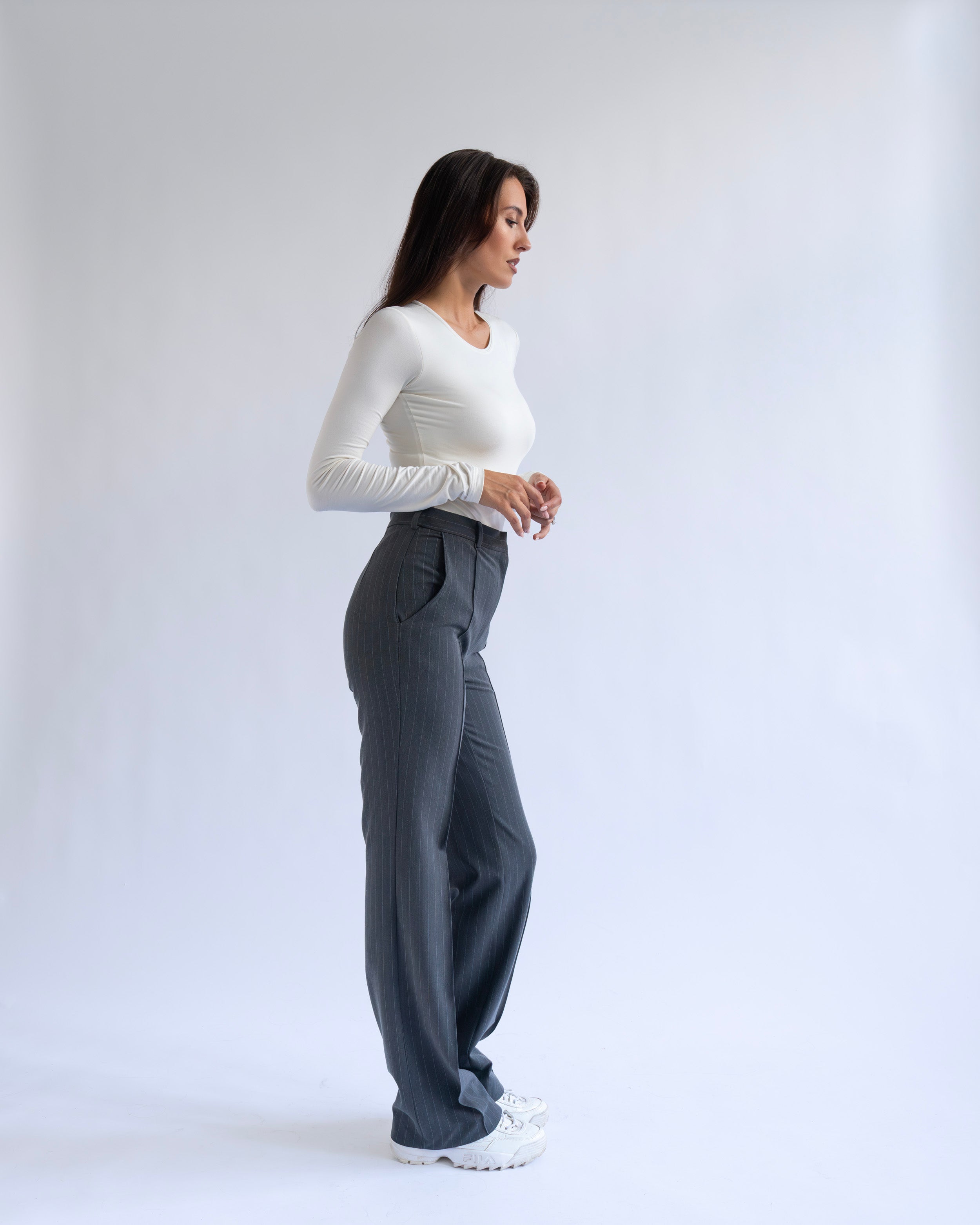 GREY PINSTRIPE WIDE LEG TROUSERS