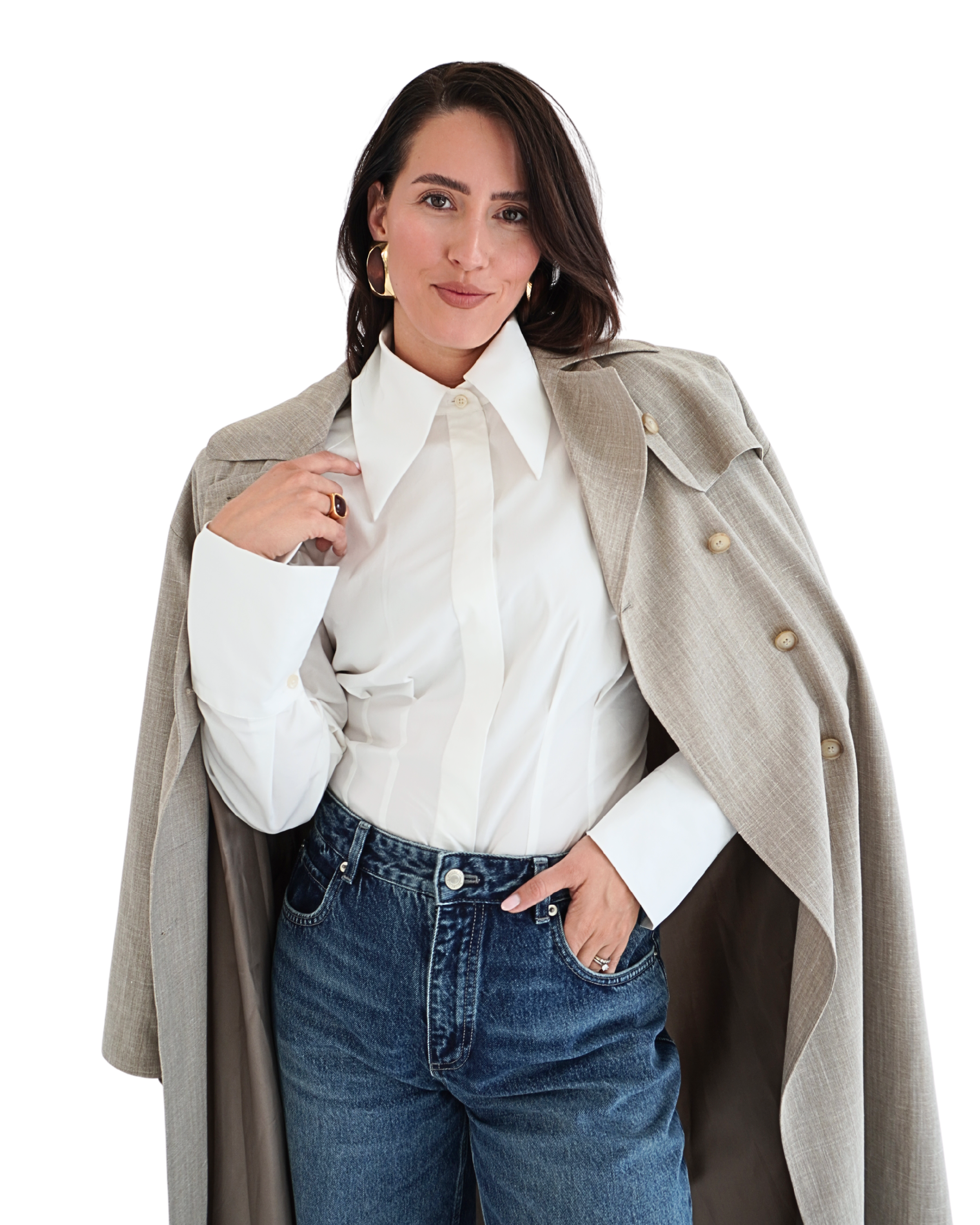 White Athéna shirt styled with a coat creating an effortless elegant outfit for everyday wear THÉFI