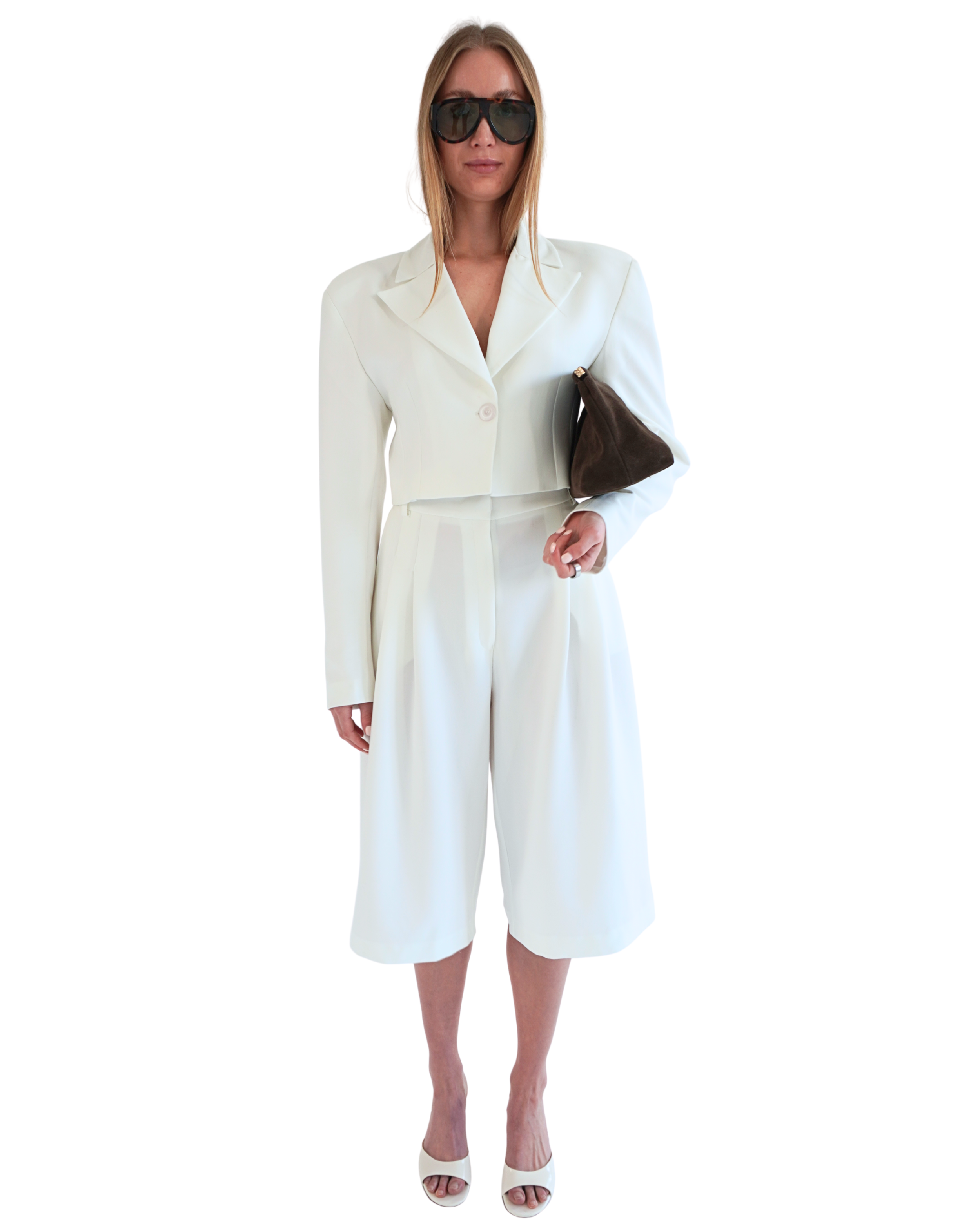 Cream Delia bermuda shorts styled with matching blazer for a refined and feminine tailored look THÉFI